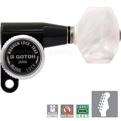 NEW Gotoh SG360 MGT 6 In-Line Set MAGNUM Locking WHITE PEARLOID Buttons - BLACK