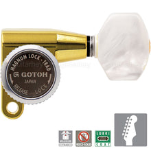 Load image into Gallery viewer, NEW Gotoh SG360-P7 MGT 6-in-line LOCKING Mini Tuners w/ PEARLOID Buttons - GOLD