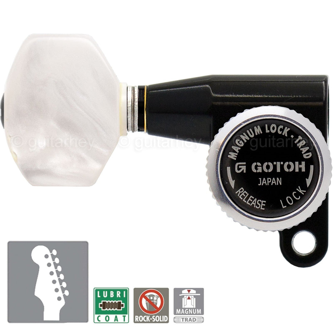 NEW Gotoh SG360 MGT 6 In-Line Locking Tuners PEARLOID Buttons LEFT-HANDED, BLACK