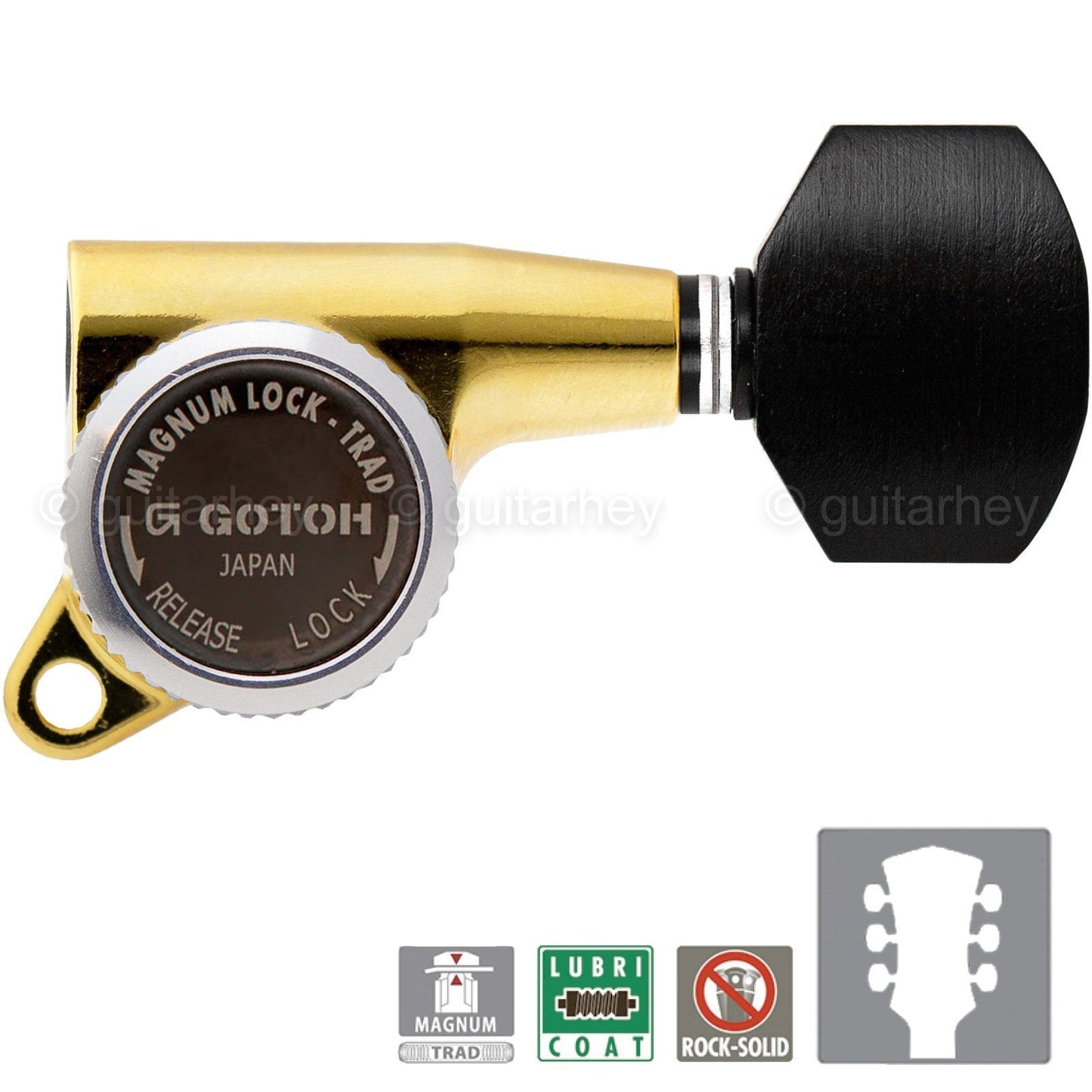 NEW Gotoh SG381-EN07 MGT Locking Tuners L3+R3 w/ Small EBONY Buttons 3x3 - GOLD