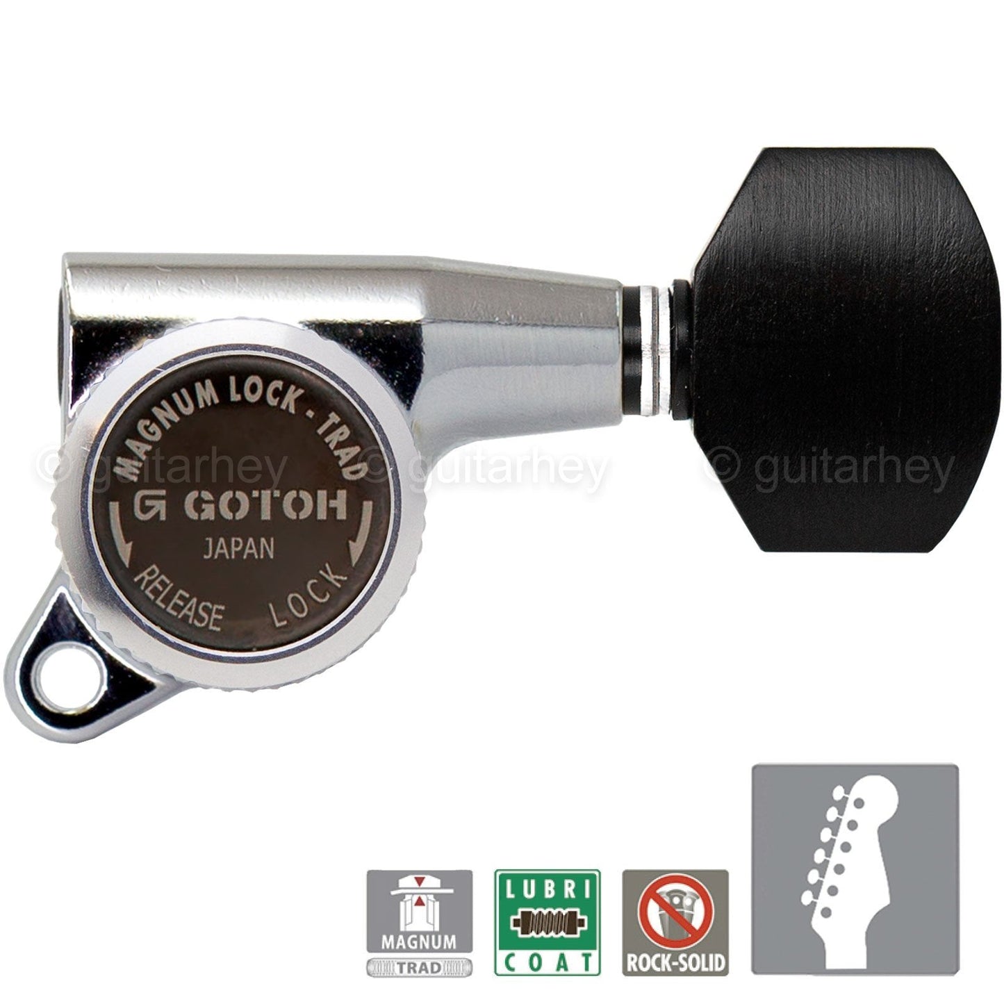 NEW Gotoh SG381-EN07 MGT Locking Tuners 6 in Line w/ Small EBONY Buttons, CHROME