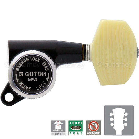 NEW Gotoh SG381-M01 MGT Locking Tuners L3+R3 LARGE IVORY Buttons 3x3 - BLACK