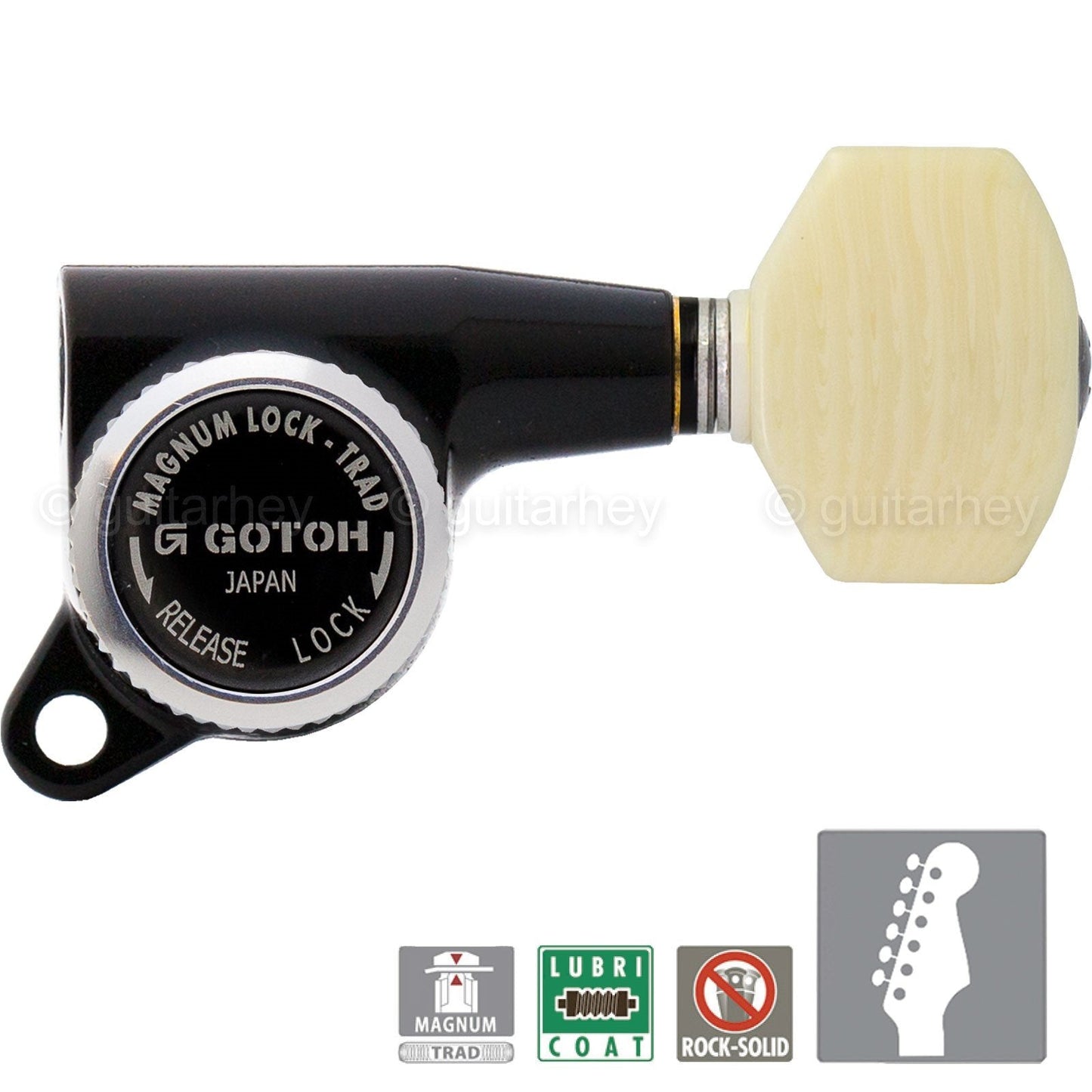 NEW Gotoh SG381-M07 MGT 6 in Line Set Locking Tuners IVORY Style Buttons - BLACK