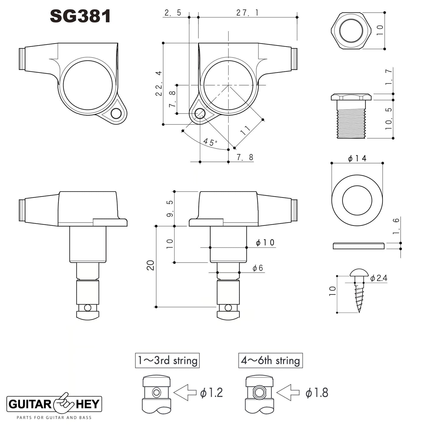 NEW Gotoh SG381-EN07 MG Locking Tuners L3+R3 w/ Small EBONY Buttons 3x3 - CHROME