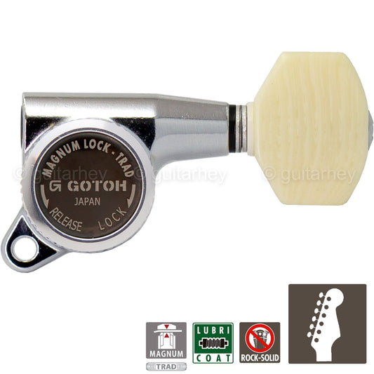 NEW Gotoh SG381-M07 MGT 6 in Line Set Locking Tuners IVORY Style Buttons CHROME