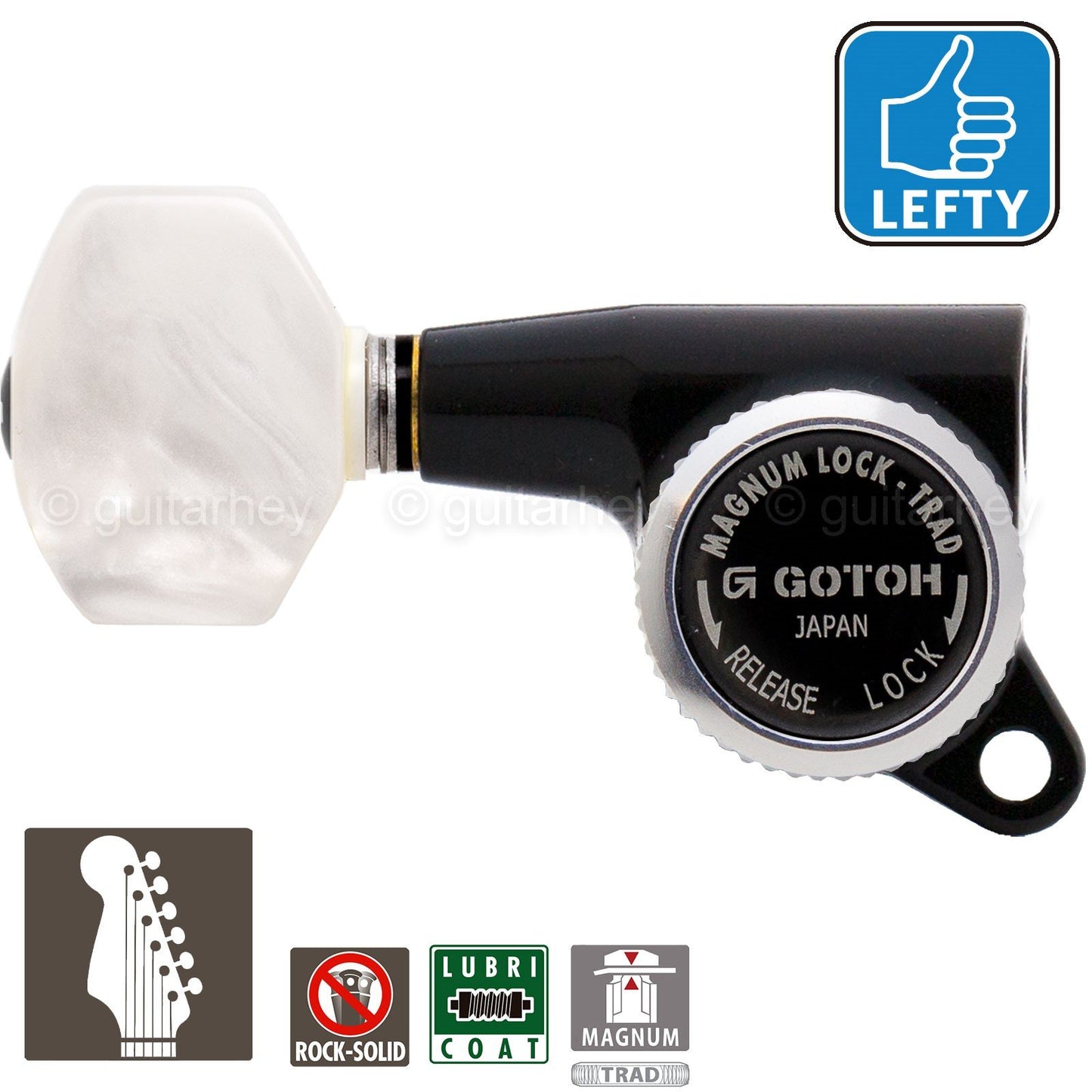 NEW Gotoh SG381 MGT 6 In-Line Set Locking PEARLOID Buttons LEFT-HANDED - BLACK