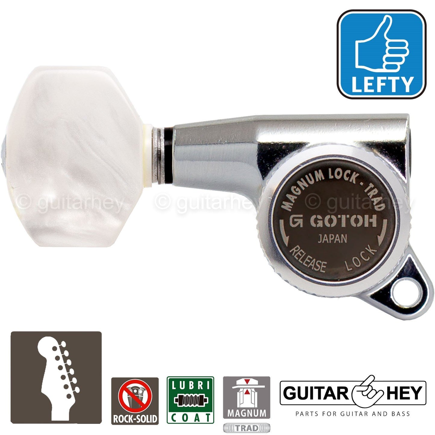 NEW Gotoh SG381 MGT 6 In-Line Set MAGNUM Locking PEARLOID LEFT-HANDED - CHROME