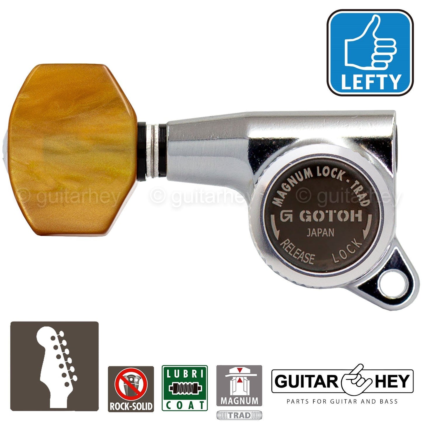 NEW Gotoh SG381-P8 MGT 6 in Line Set Locking AMBER Buttons LEFT-HANDED - CHROME