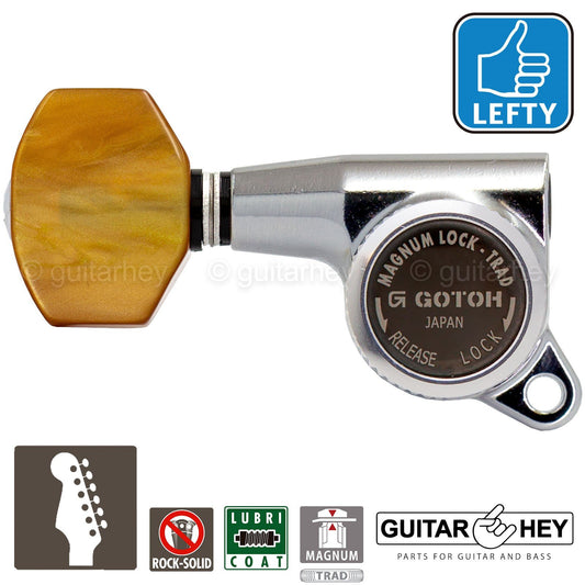 NEW Gotoh SG381-P8 MGT 6 in Line Set Locking AMBER Buttons LEFT-HANDED - CHROME