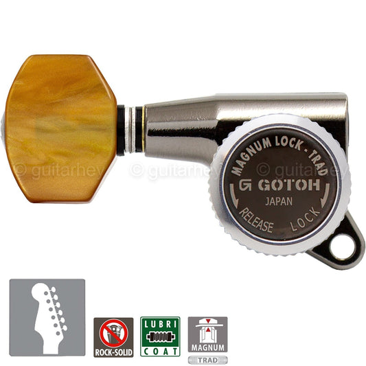 NEW Gotoh SG381-P8 MGT 6 in Line Set Locking AMBER Buttons TREBLE - COSMO BLACK