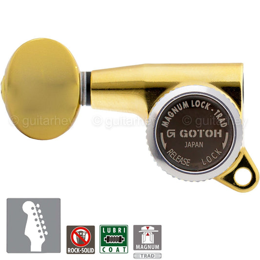 NEW Gotoh SG381-05 MGT 6 In-Line Set Locking Tuning OVAL Keys LEFT-HANDED - GOLD