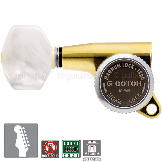 NEW Gotoh SG381 MGT 6 In-Line Set Locking PEARLOID Buttons LEFT-HANDED - GOLD