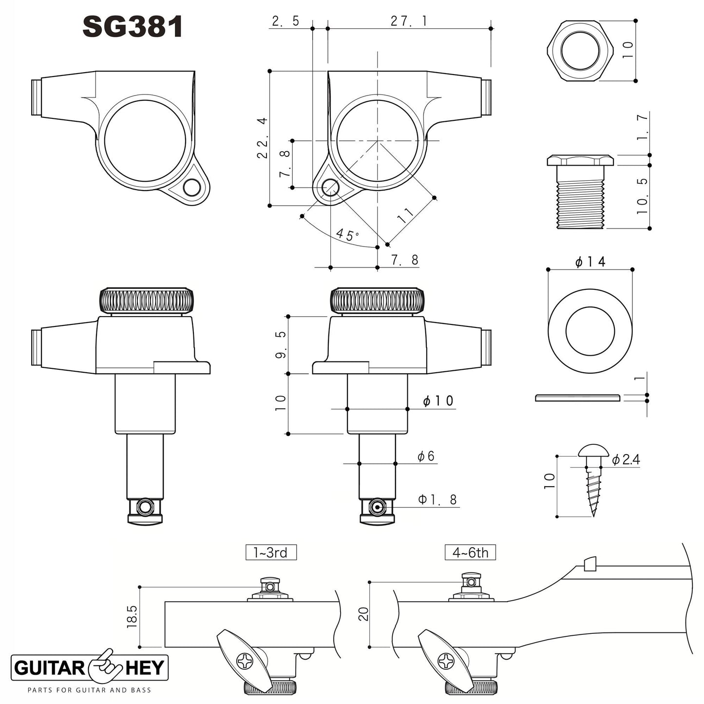 Gotoh SG381-05 MGT Magnum Lock Trad 6 in Line Set Locking Tuners - COSMO BLACK