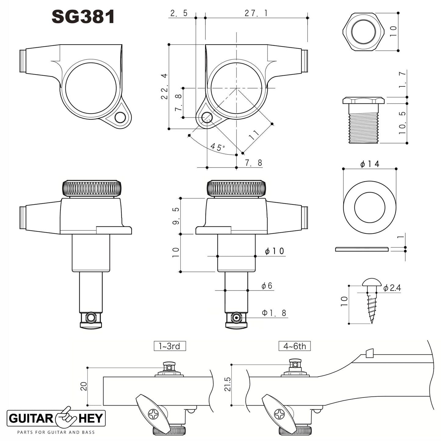 NEW Gotoh SG381-07 MGT 6 In-Line Set Locking Tuning Keys LEFT-HANDED - BLACK
