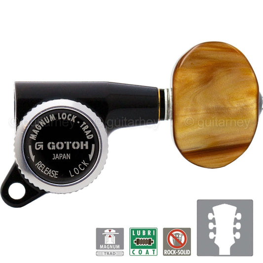 NEW Gotoh SG381-P2 MGT Locking Tuners L3+R3 LARGE AMBER Buttons 3x3 - BLACK