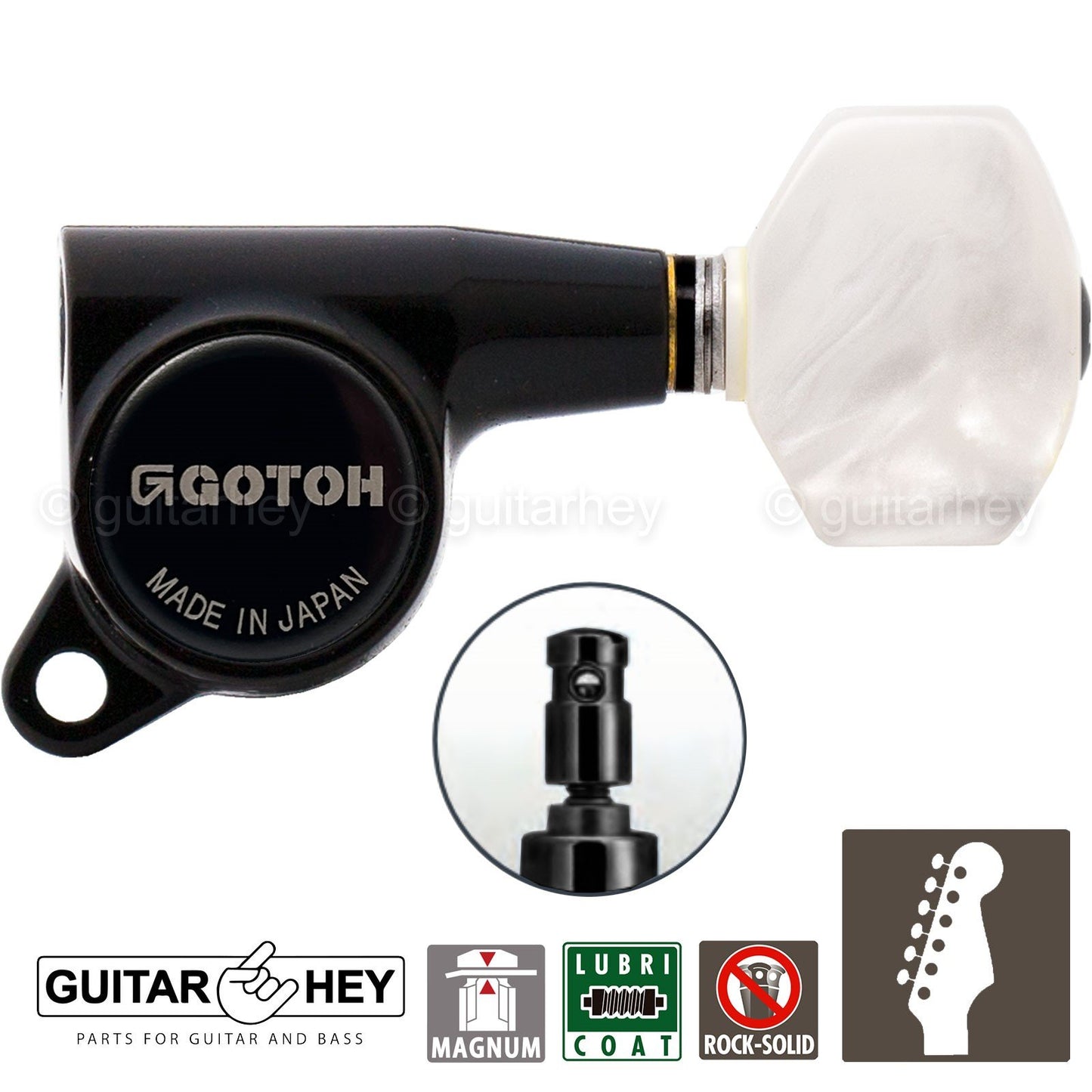 NEW Gotoh SG381 MG Magnum Locking Keys Set 6 in line w/ PEARLOID Buttons - BLACK
