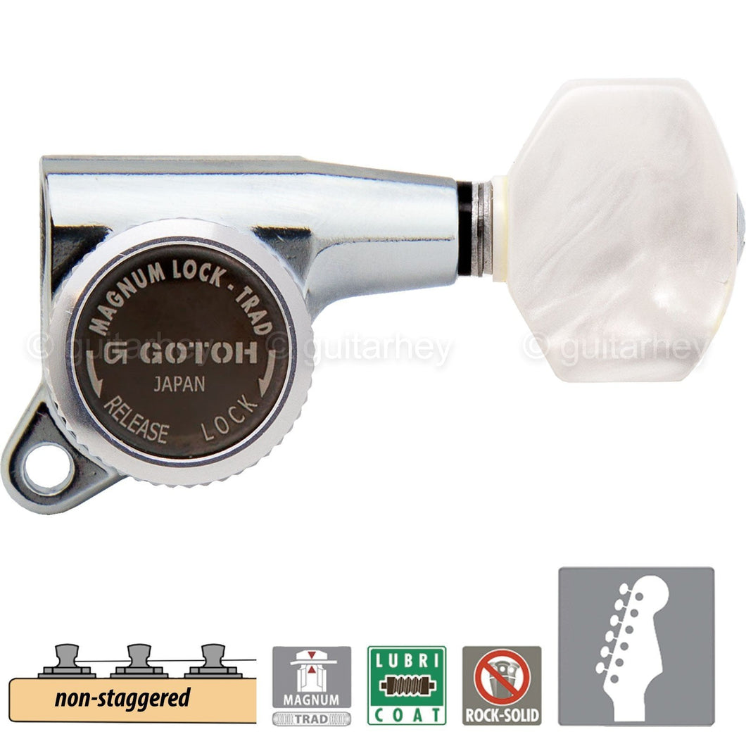 NEW Gotoh SG381-P7 MGT 6 in Line NON-STAGGERED Set Locking Tuners Pearl - CHROME