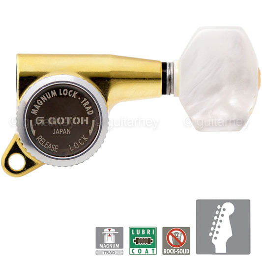 NEW Gotoh SG381 MGT Locking Tuning Keys Set 6 in Line PEARLOID Buttons - GOLD