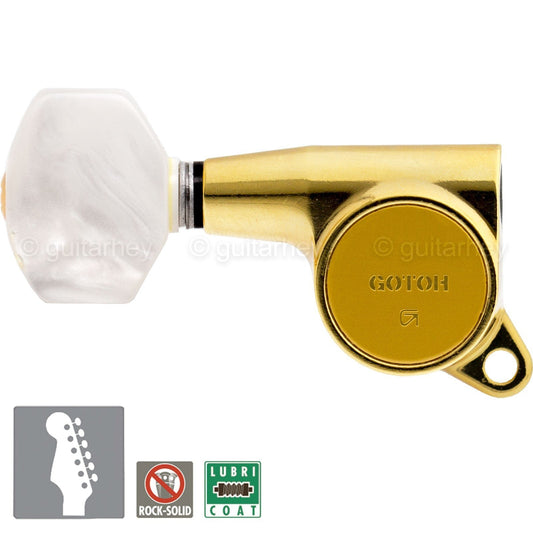 NEW Gotoh SG381 Mini Tuners 6 in line w/ PEARLOID Buttons LEFT HANDED - GOLD