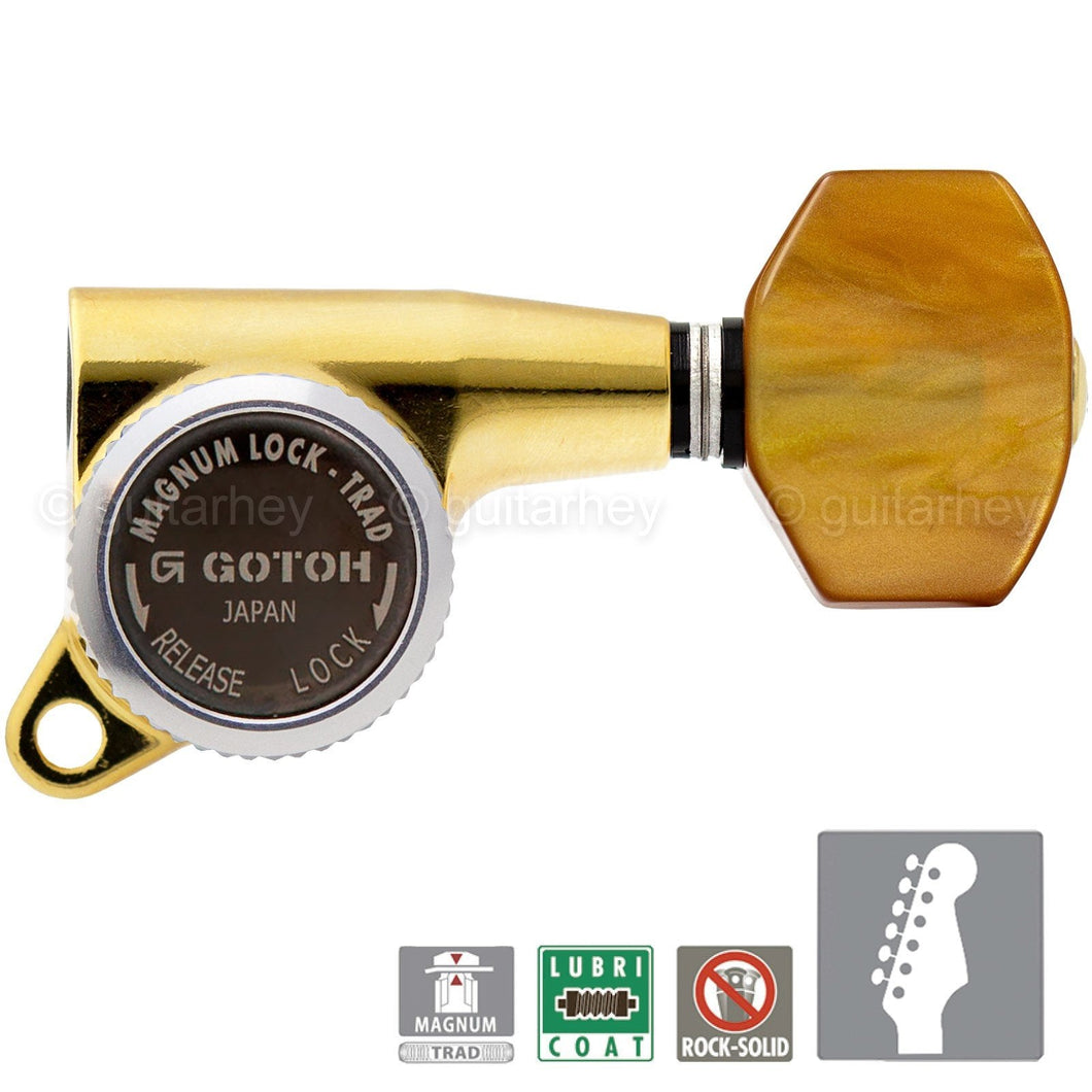 NEW Gotoh SG381-P8 MGT 6 in Line Locking Tuners Set AMBER Buttons - GOLD