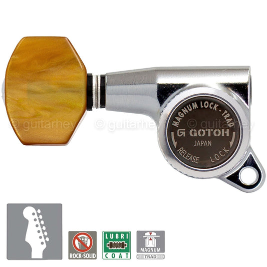 NEW Gotoh SG381-P8 MGT 6 in Line Set Locking AMBER Buttons LEFT-HANDED - CHROME