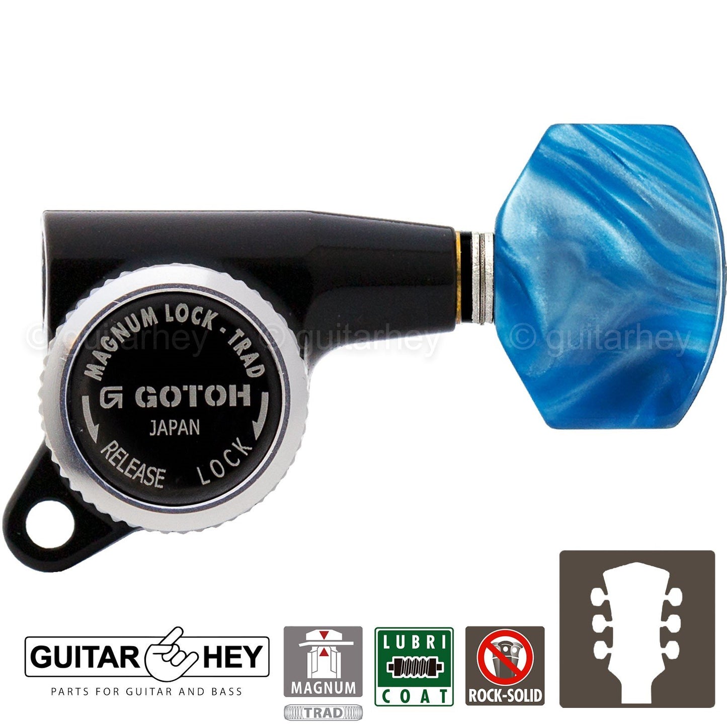 NEW Gotoh SG381-P7 MGT Locking Tuners L3+R3 BLUE Pearloid Buttons 3x3 - BLACK