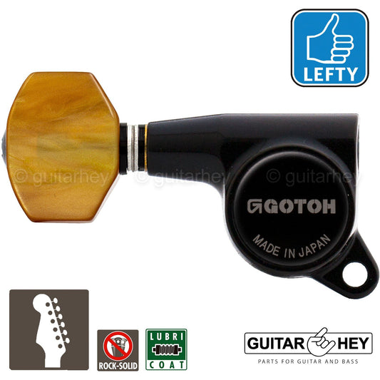 NEW Gotoh SG381-P8 LEFT-HANDED 6 in Line Set Tuners AMBER Buttons - BLACK