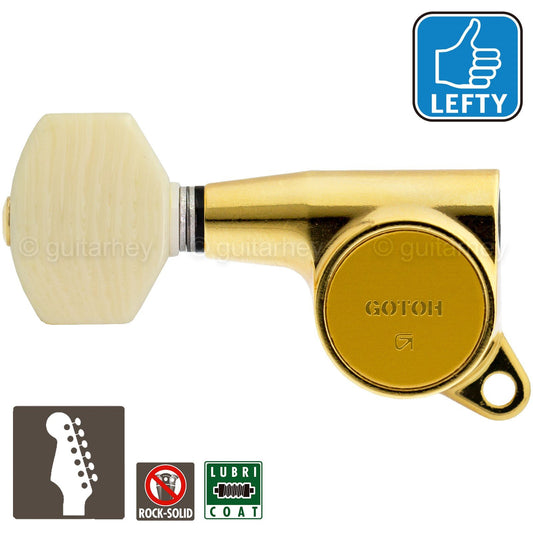 NEW Gotoh SG381-M07 6 in Line Set Tuners IVORY Style Buttons LEFT-HANDED - GOLD