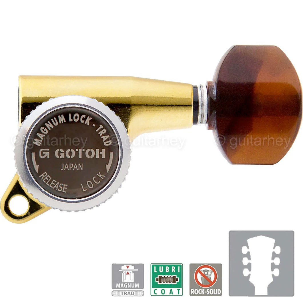 NEW Gotoh SG381 MGT Locking Tuning Keys Set L3+R3 TORTOISE Buttons 3x3 - GOLD