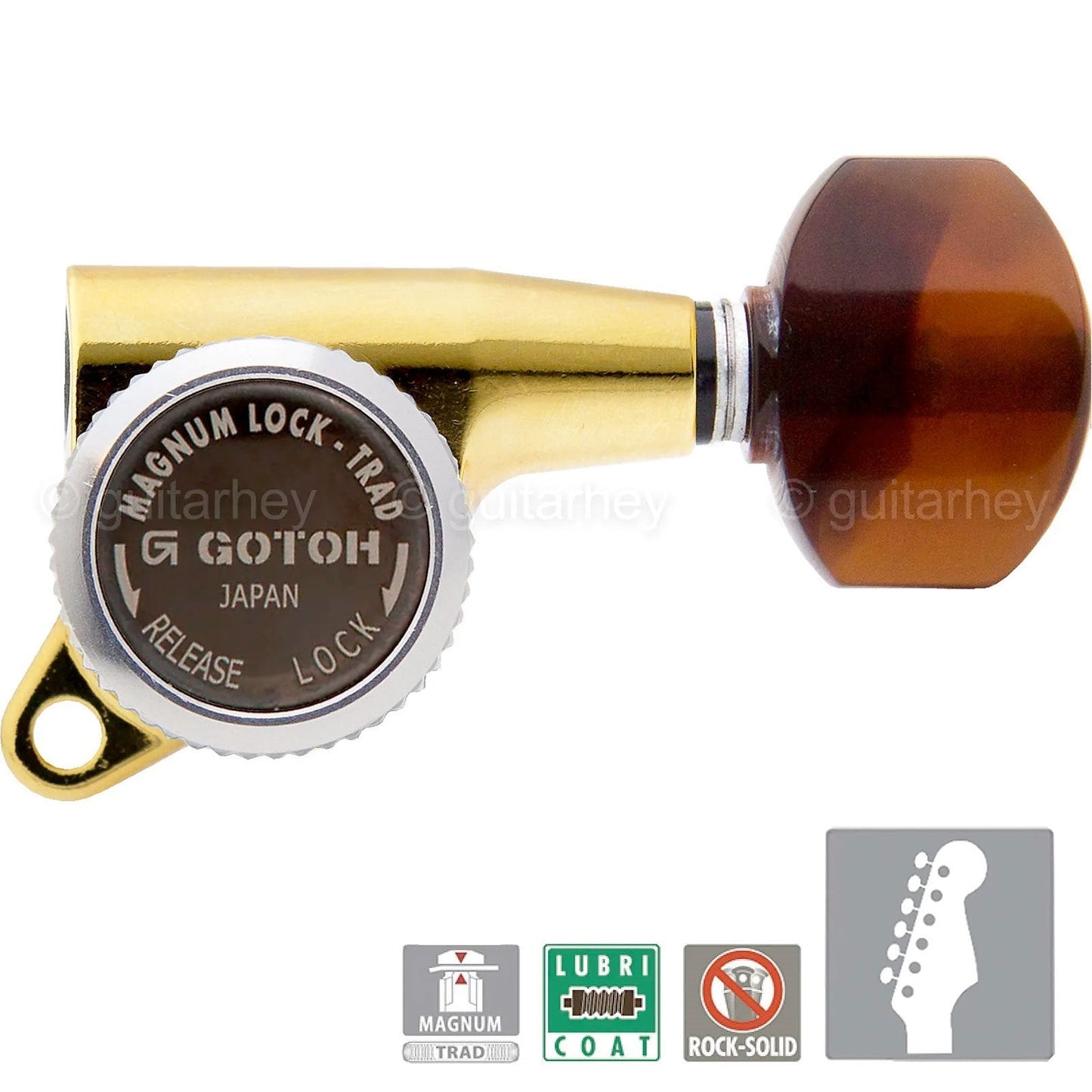 NEW Gotoh SG381 MGT Locking Tuning Keys Set 6 in Line TORTOISE Buttons - GOLD