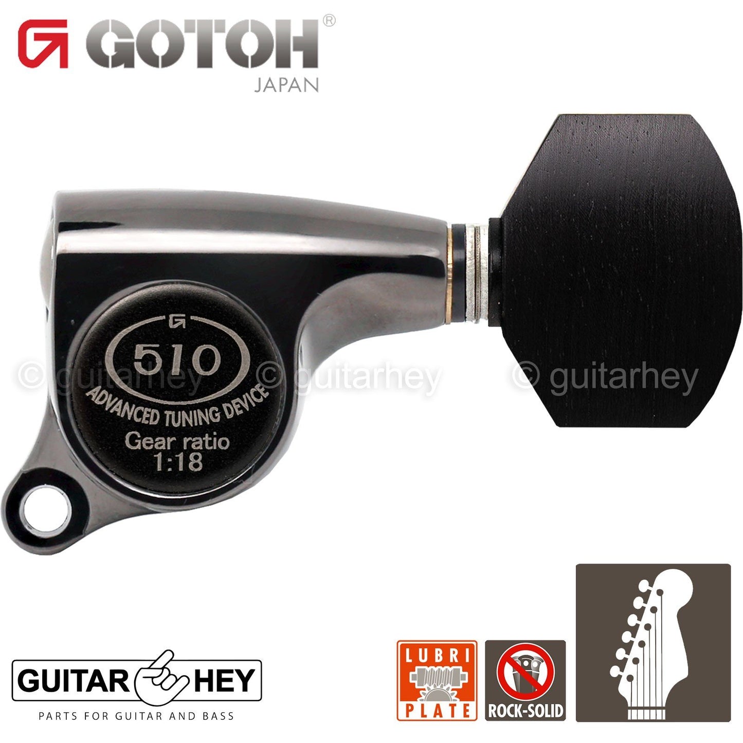 NEW Gotoh SGS510Z-EN07 6 in Line Set Mini Tuners EBONY Buttons 18:1, COSMO BLACK