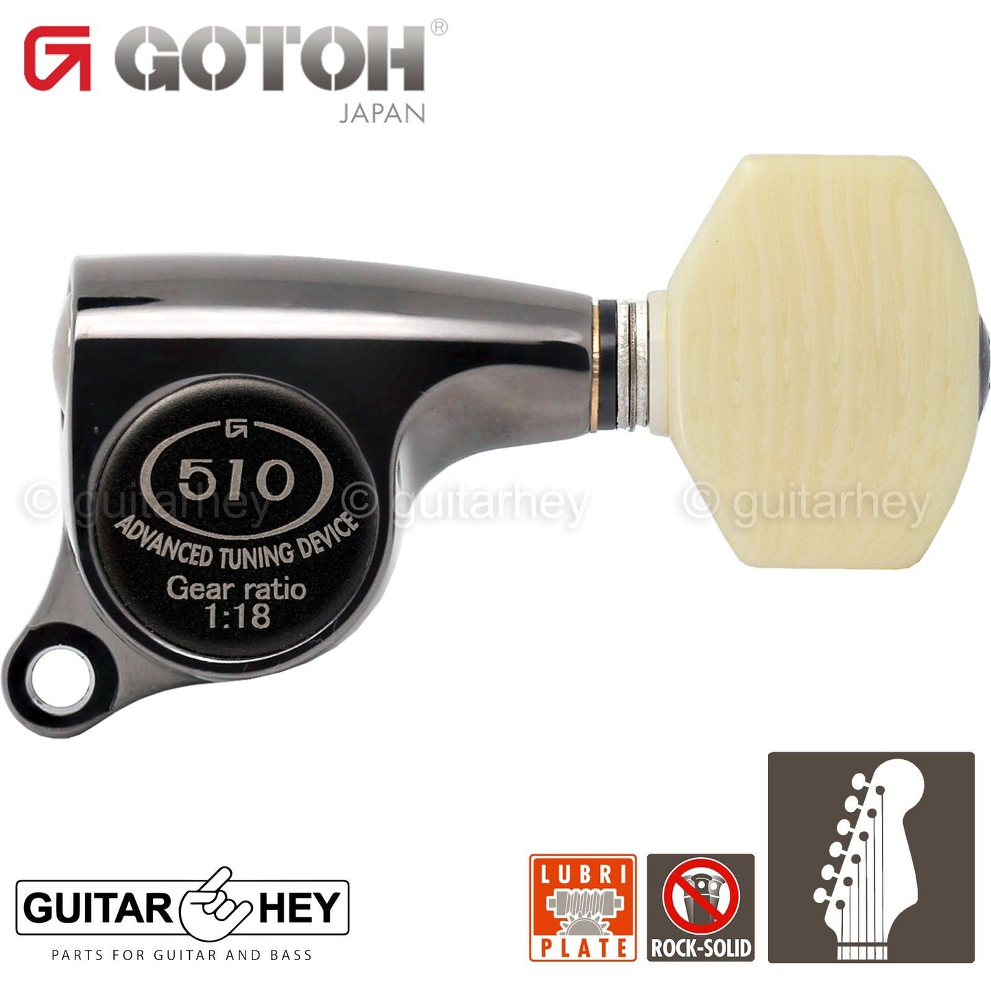 NEW Gotoh SGS510Z-M07 6 in Line Set Mini Tuners IVORY Buttons 18:1 - COSMO BLACK
