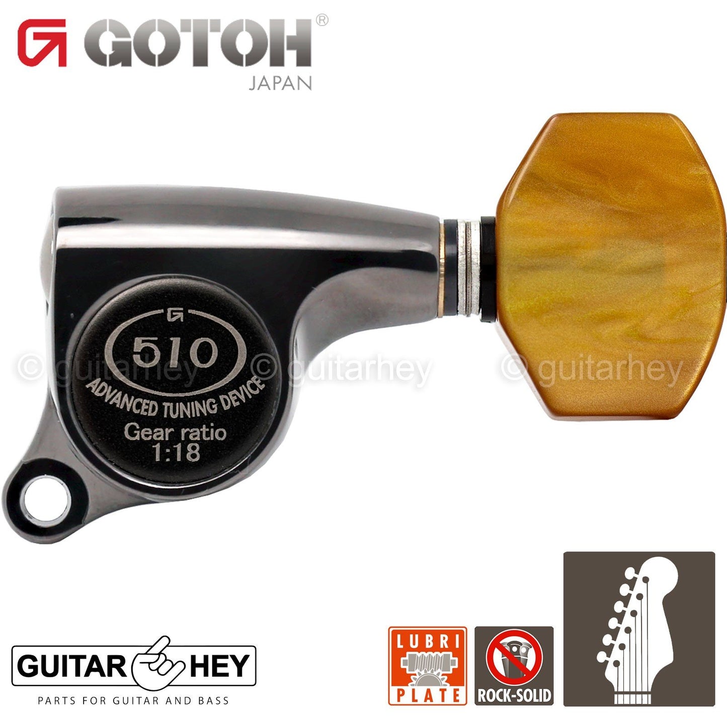 NEW Gotoh SGS510Z-P8 6 in Line Set Mini Tuners AMBER Buttons 18:1 - COSMO BLACK