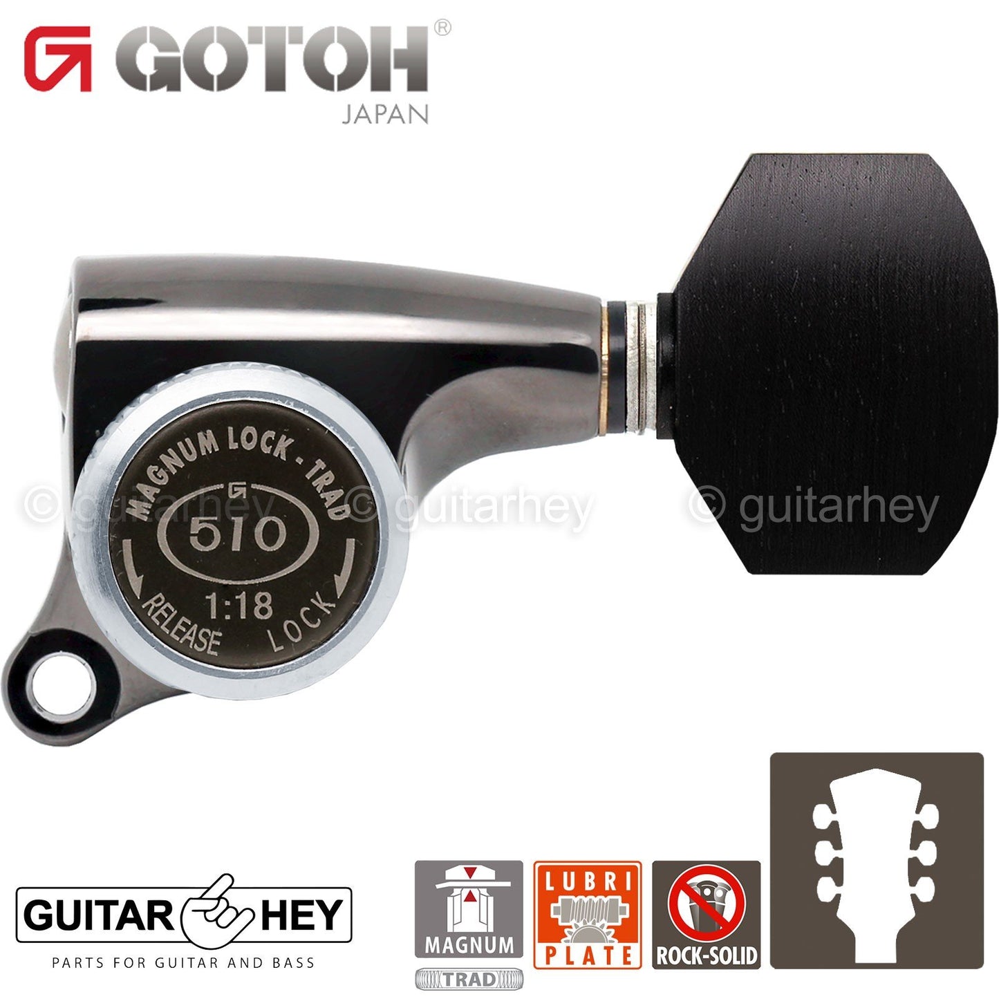 NEW Gotoh SGS510Z-EN07 MGT L3+R3 Set Mini LOCKING Tuners EBONY 3x3 - COSMO BLACK