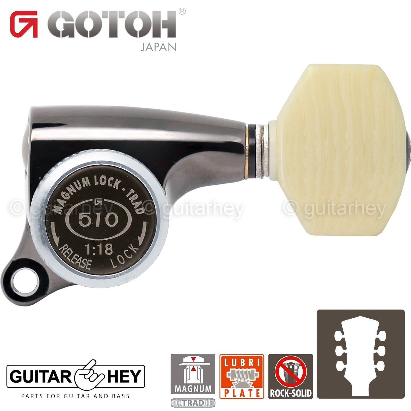 NEW Gotoh SGS510Z-M07 MGT L3+R3 Set Mini LOCKING Tuners IVORY 3x3 - COSMO BLACK