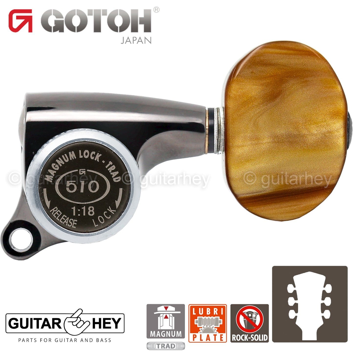 NEW Gotoh SGS510Z-P2 MGT L3+R3 Set Mini LOCKING Tuners AMBER 3x3 - COSMO BLACK