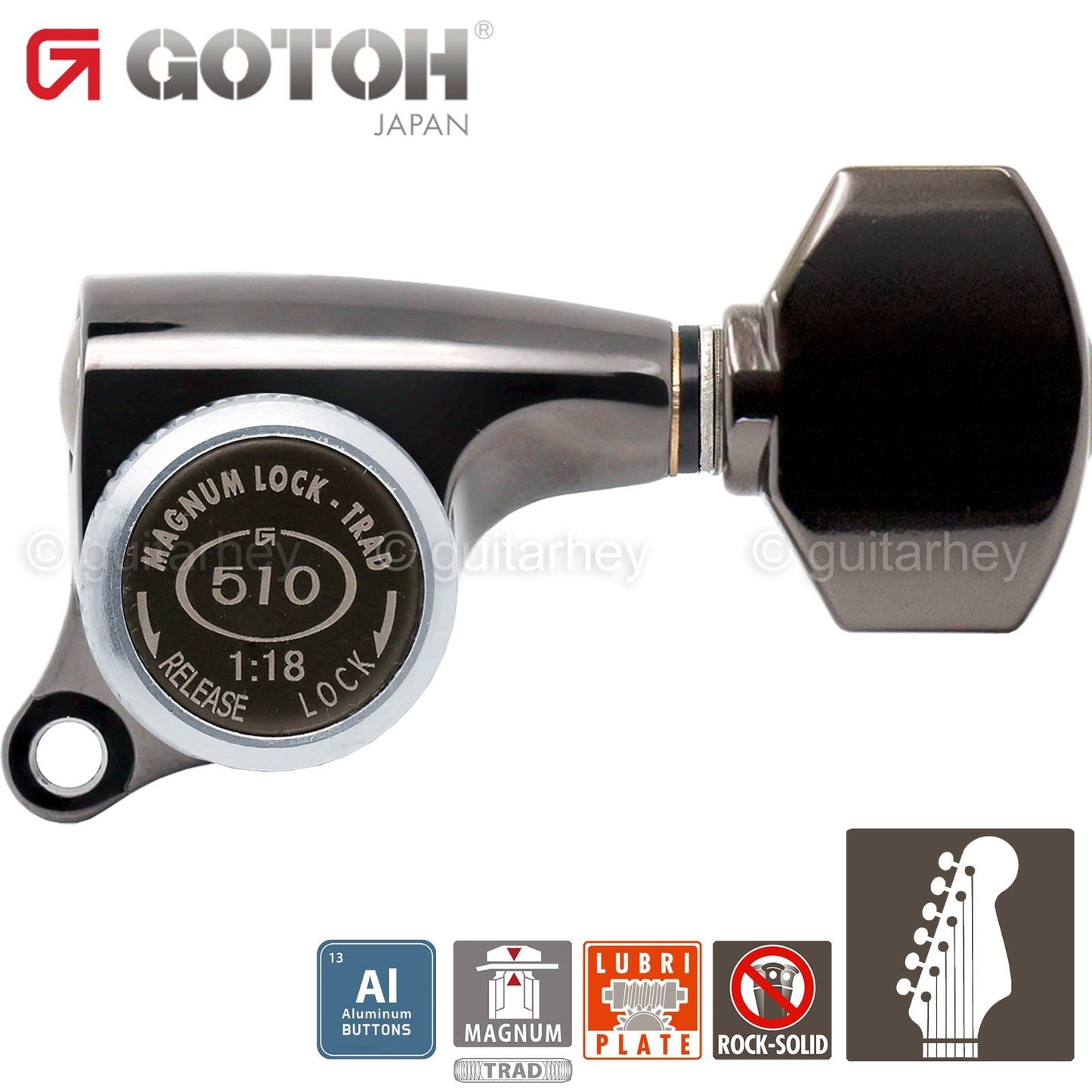NEW Gotoh SGS510Z-A07 MGT 6 in line Set LOCKING w/ ALUMINUM Buttons, COSMO BLACK