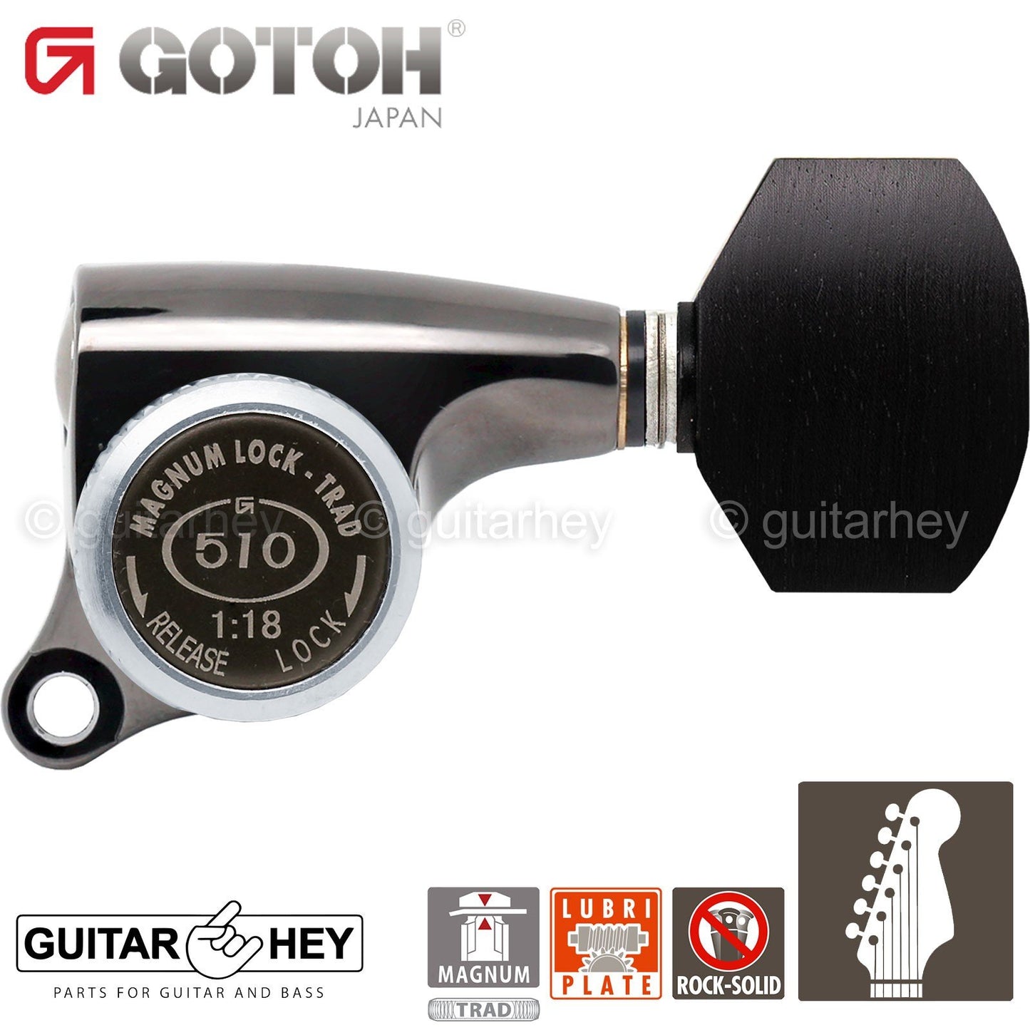 NEW Gotoh SGS510Z-EN07 MGT 6 in line Set LOCKING w/ EBONY Buttons - COSMO BLACK