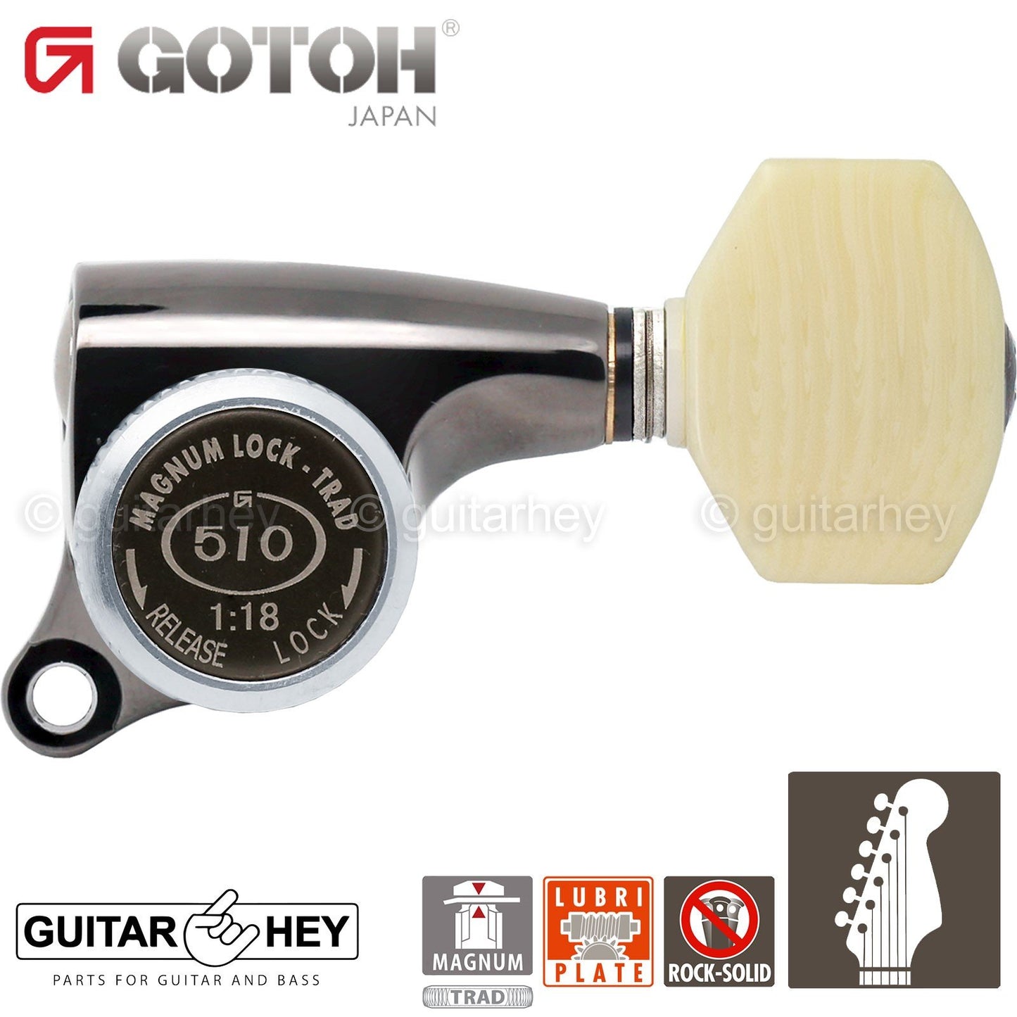 NEW Gotoh SGS510Z-M07 MGT 6 in line Set LOCKING w/ IVORY Buttons - COSMO BLACK