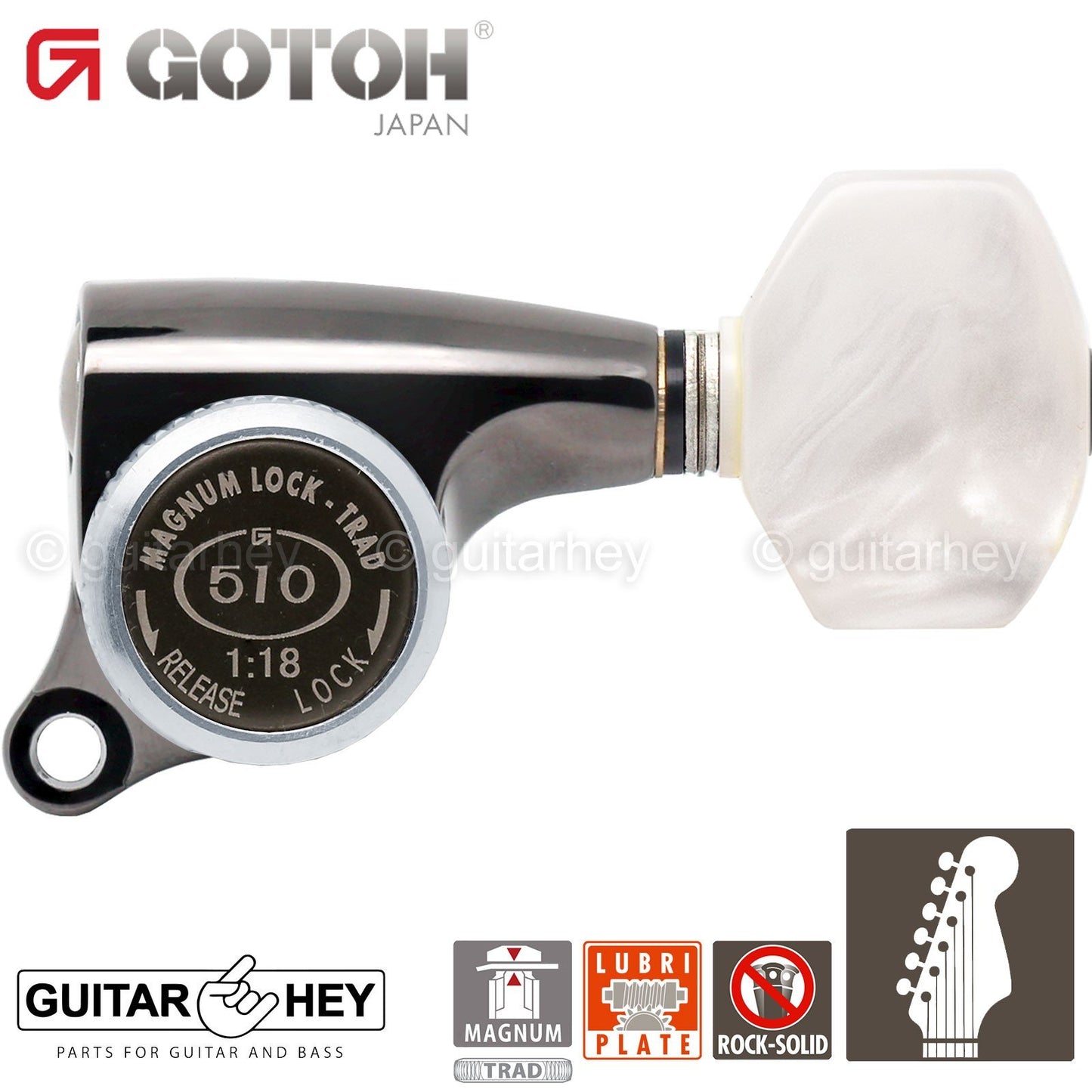 NEW Gotoh SGS510Z-P7 MGT 6 in line Set LOCKING w/ PEARL Buttons - COSMO BLACK