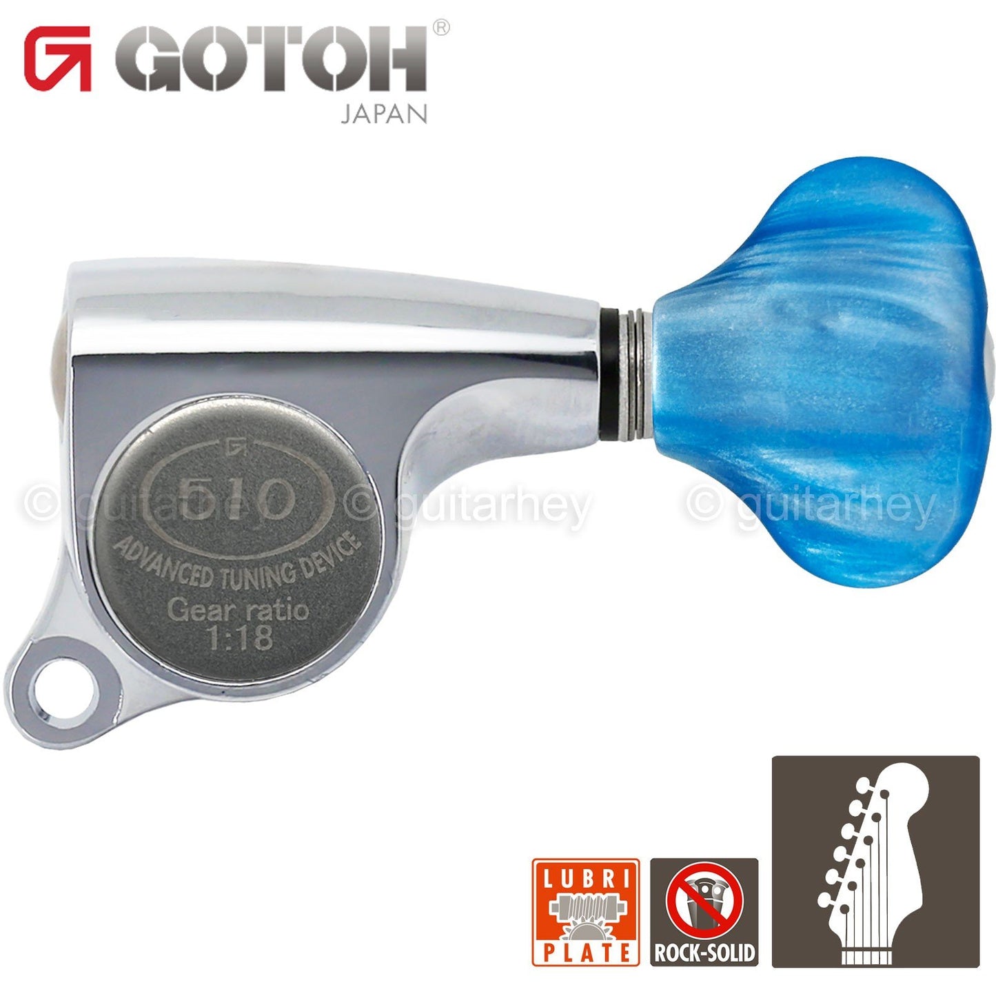 NEW Gotoh SGS510Z-QS5 6 in Line Set Mini Tuners Small BLUE Buttons 18:1 - CHROME