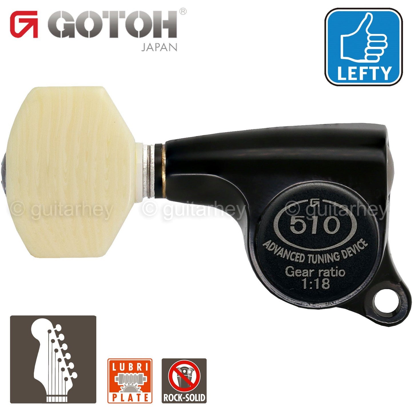 NEW Gotoh SGS510Z-M07 6 in Line LEFT-HANDED Set Mini Tuners 18:1 Ratio - BLACK