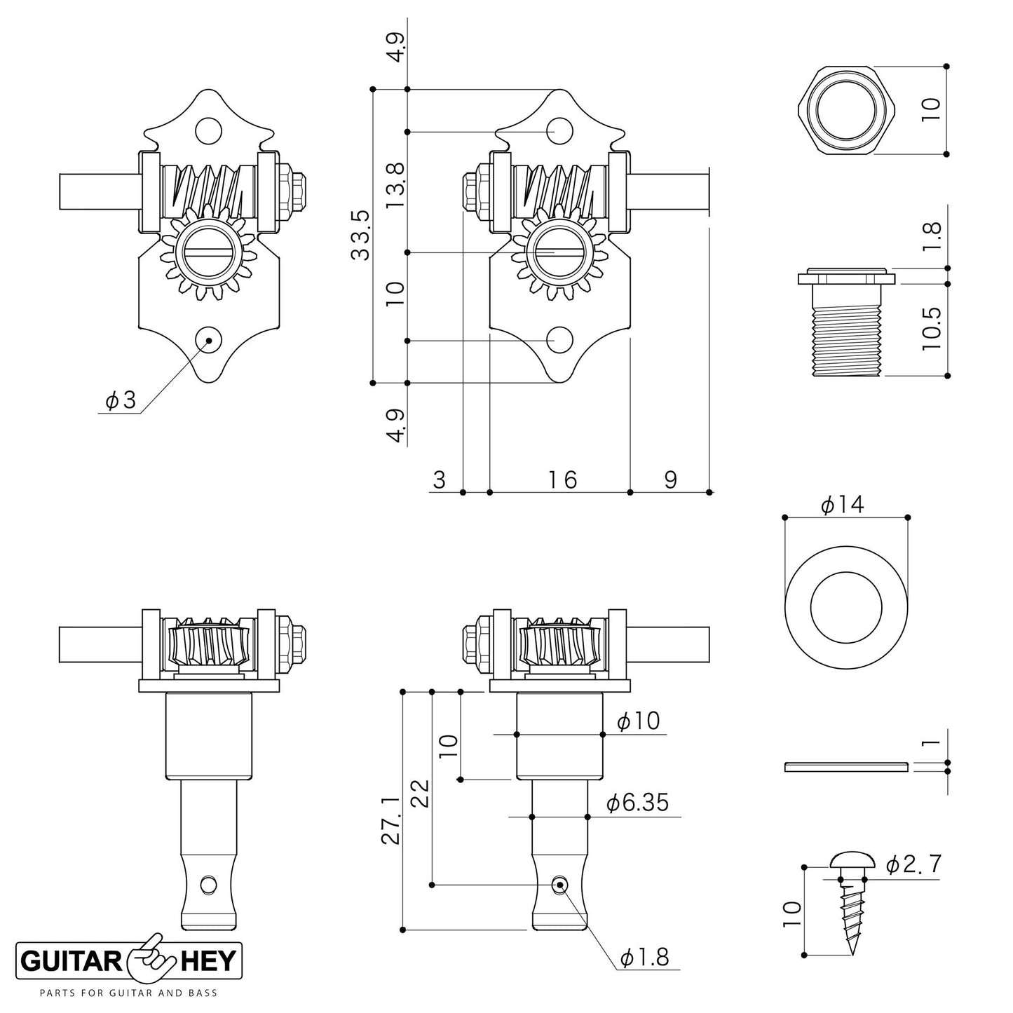 NEW GOTOH SXN510-SB-06B Premium Acoustic Tuners Set 15:1 Ratio 3x3 - SOLID BRASS
