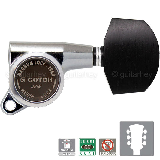 NEW Gotoh SG381-EN01 MGT Locking Tuners L3+R3 Large EBONY Buttons 3x3 - CHROME