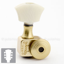 Load image into Gallery viewer, USA Sperzel EZ-MOUNT LOCKING TUNERS 3x3 Trim-Lock w/ PEARL Buttons - SATIN GOLD