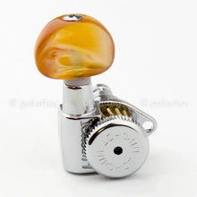 Load image into Gallery viewer, NEW Hipshot Grip-Lock STAGGERED LOCKING TUNERS 6 In Line AMBER Buttons - CHROME