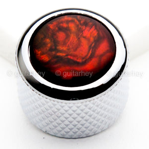 NEW (1) Q-Parts Guitar Knob CHROME with RED ABALONE SHELL on Dome KCD-0011