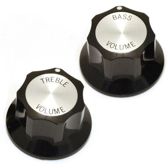 NEW VOLUME Knobs for Rickenbacker 6mm ID split shft Treble/Bass BLACK SILVER TOP