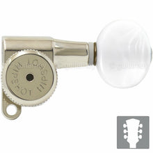 Load image into Gallery viewer, NEW Hipshot L3+R3 LOCKING Mini Tuners SET w/ OVAL PEARLOID Buttons 3x3 - NICKEL
