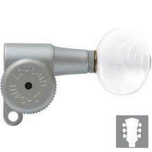 Load image into Gallery viewer, NEW Hipshot Mini LOCKING Tuners SET w/ OVAL PEARLOID Buttons 3x3 - SATIN CHROME